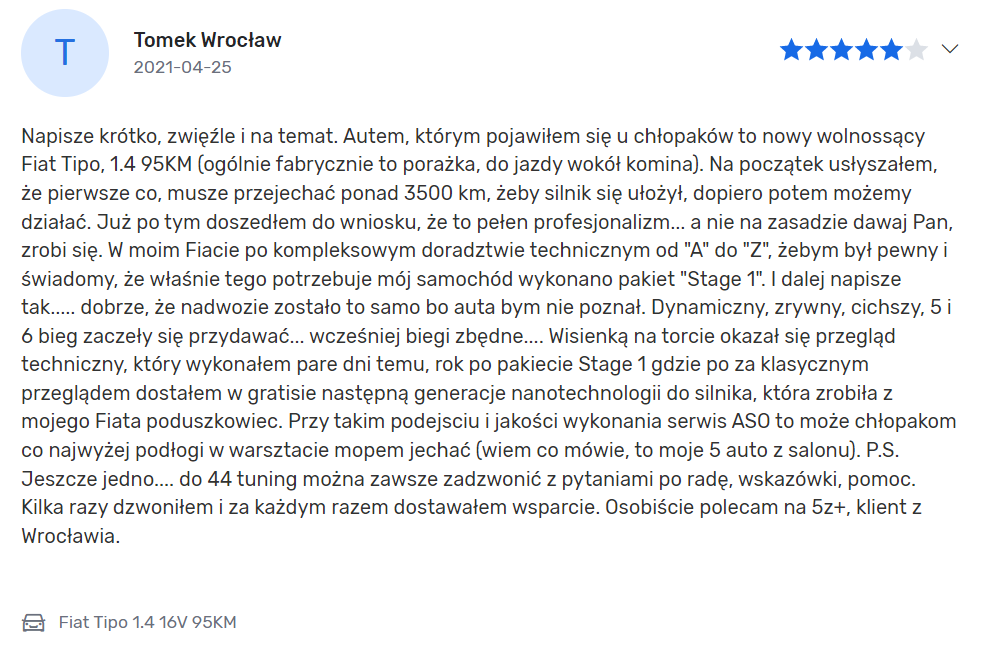 Opinia od klienta po wykonaniu pakietu w samochodzie Fiat Tipo - źródło dobrymechanik.pl 